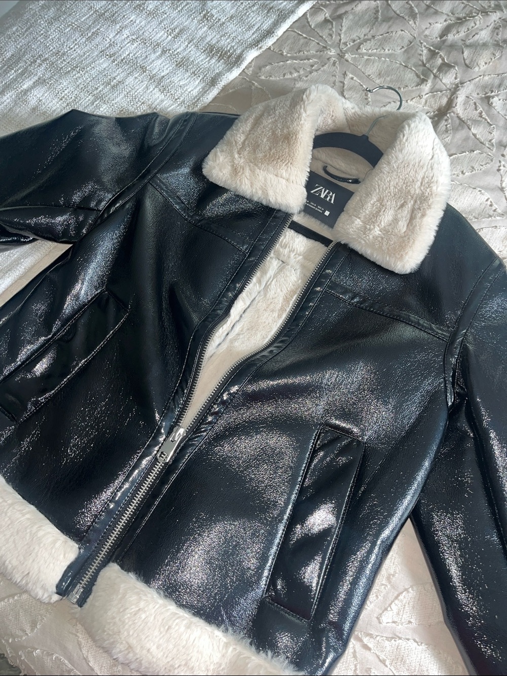 Zara Black Faux-Leather Jacket with Cream Faux-Fur Collar
